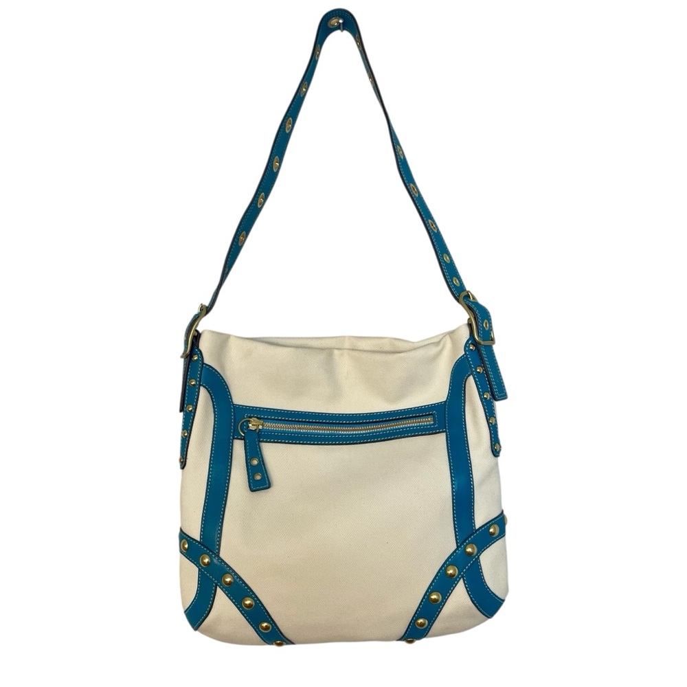 Coach Off-White & Teal Hobo in Canvas with Leather Trim